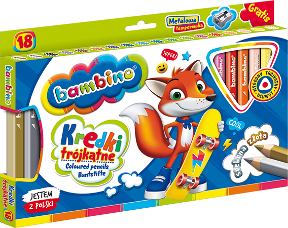 Kredki trójkątne BAMBINO w oprawie drewnianej 18kol. temperówka